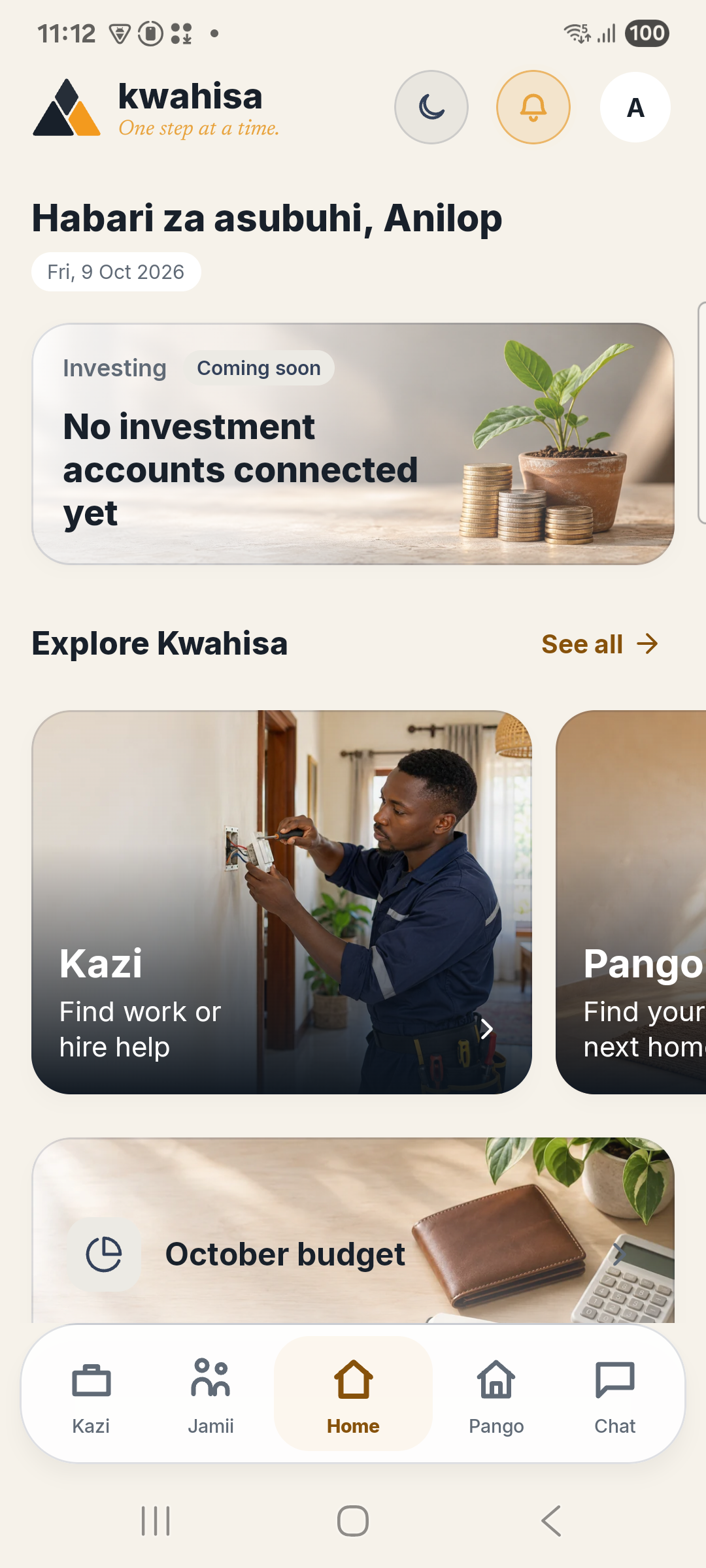 Genuine Android capture of the Kwahisa home screen in the light theme