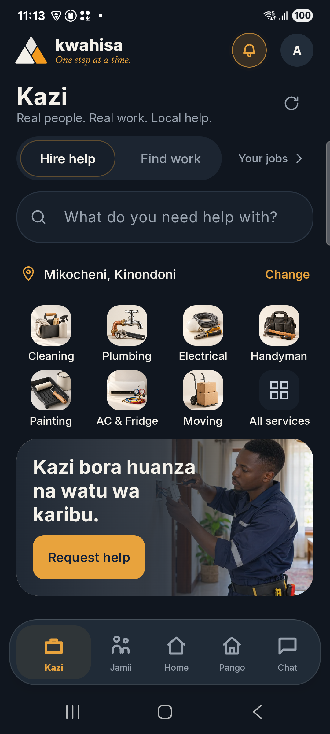 Genuine Android capture of Kazi local work categories and help search