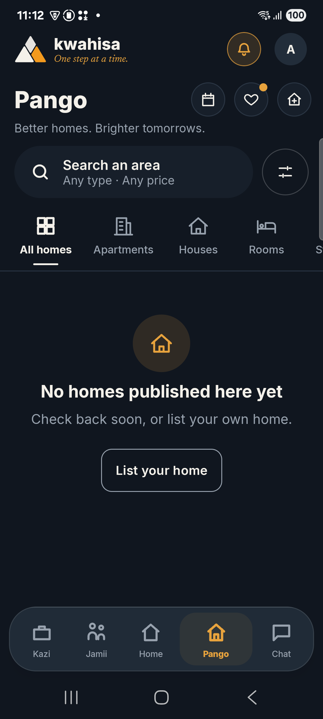 Genuine Android capture of Pango housing search and an empty listing state